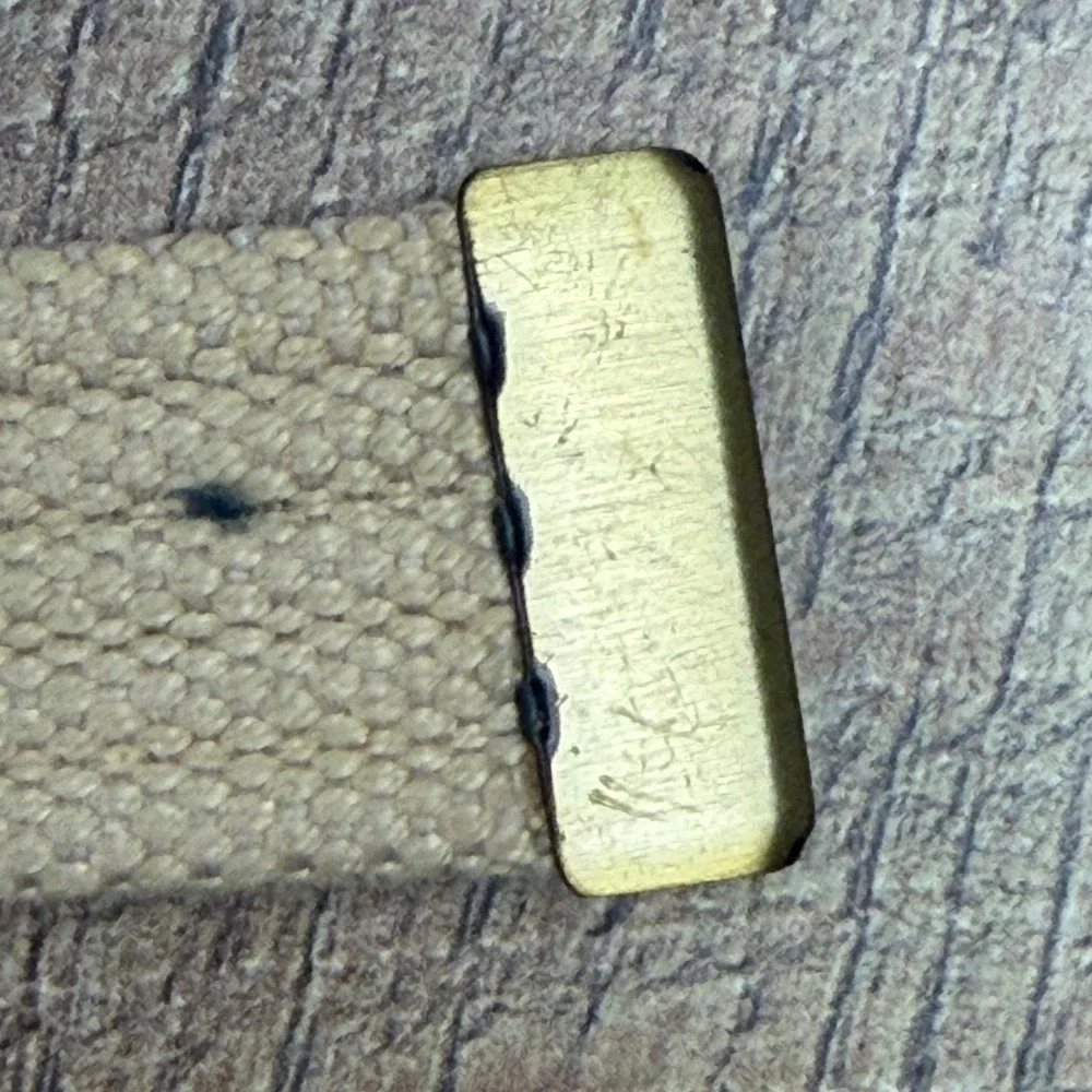 Vintage 80s Sasson Khaki Canvas Web Belt Gold Logo Buckle Designer‎ Jeans